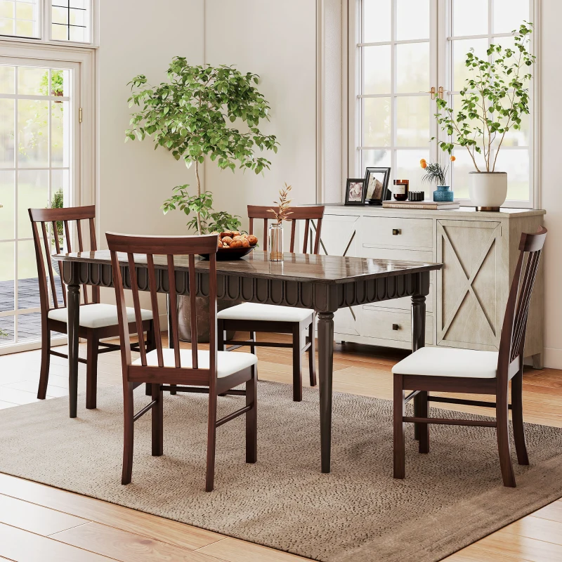 HOMCOM Wooden Dining Chairs Set of 4, Farmhouse Upholstered Kitchen Chairs with Rubber Wood Frame, Dark Brown and Beige