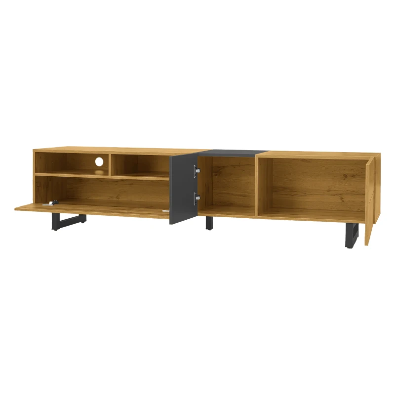 Colour Coordinated TV Stand with U-Shaped Metal Legs, 3 Doors and 2 Compartments, Easy Assembly, 67" L x 14" W x 16.5" H, Black+Natural