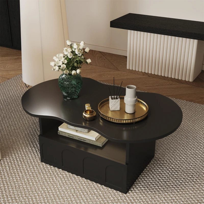 Cloud Coffee Table with Drawer and Open Storage, Particle Board and Modern Design, Easy to Install, 39.5" L x 23.5" W x 15" H, Black