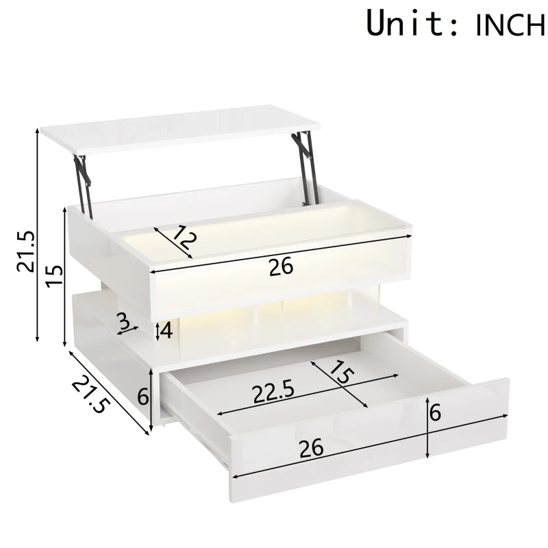 High-Gloss Coffee Table with Glass Top and LED Light, Storage Drawer and Adjustable Height, Easy to Install, 26" L x 21.5" W x 21.5" H, White