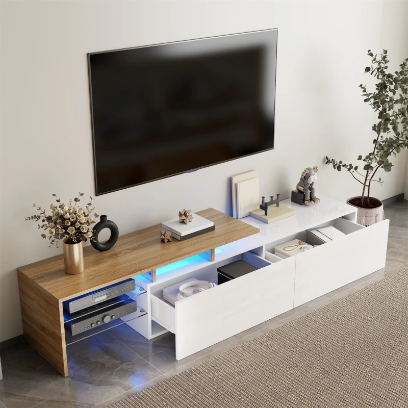 Modern TV Stand with Glass Shelves and LED Lighting, High-Gloss Finish, Smart Storage Solution, 67" L x 13" W x 13" H, White+Natural