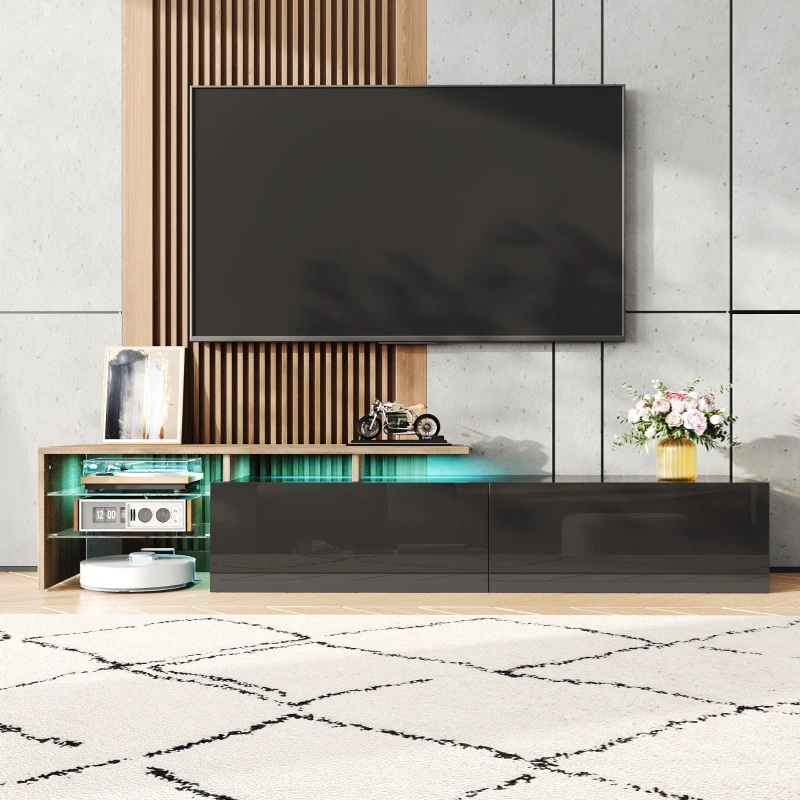 Modern TV Cabinet with Glass Shelves and LED Lighting, Stylish Storage Solution, Modern and Stylish Design, 67" L x 13" W x 13" H, Black+Natural