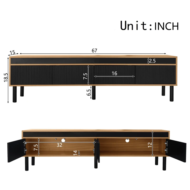 TV Stand with Elegant Stripe Design and Sturdy Wooden Legs, Three Doors, Practical and Easy Access, 67" L x 15" W x 18.5" H, Black+Natural