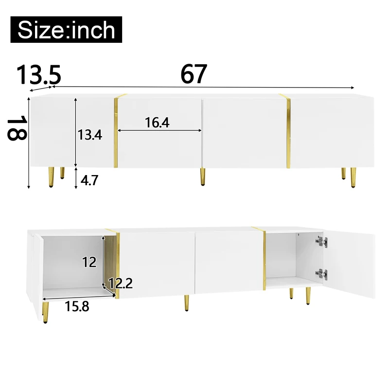 High-Gloss TV Stand with 4 Doors and Modern Minimalist Design, Soft-Close Hinges, Modern Design, Easy to Install, 67" L x 13.5" W x 18" H, White