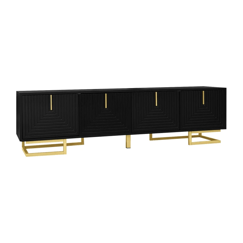 Modern TV Stand with Textured Doors, Gold Handles and Legs, Ample Storage Space, Easy to Install, 63" L x 15" W x 17.5" H, Black