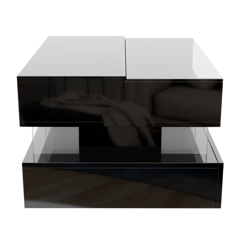 High-Gloss Coffee Table with Glass Top and LED Lighting, Storage Drawer and Adjustable Height, Easy to Install, 26" L x 21.5" W x 21.5" H, Black