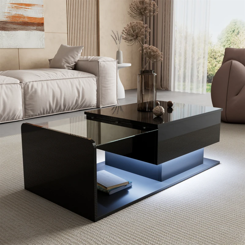 High-Gloss Coffee Table with Tempered Glass Top and LED Light Strip, Adjustable Height, Easy to Install, 39.5" L x 19.5" W x 13" H, Black