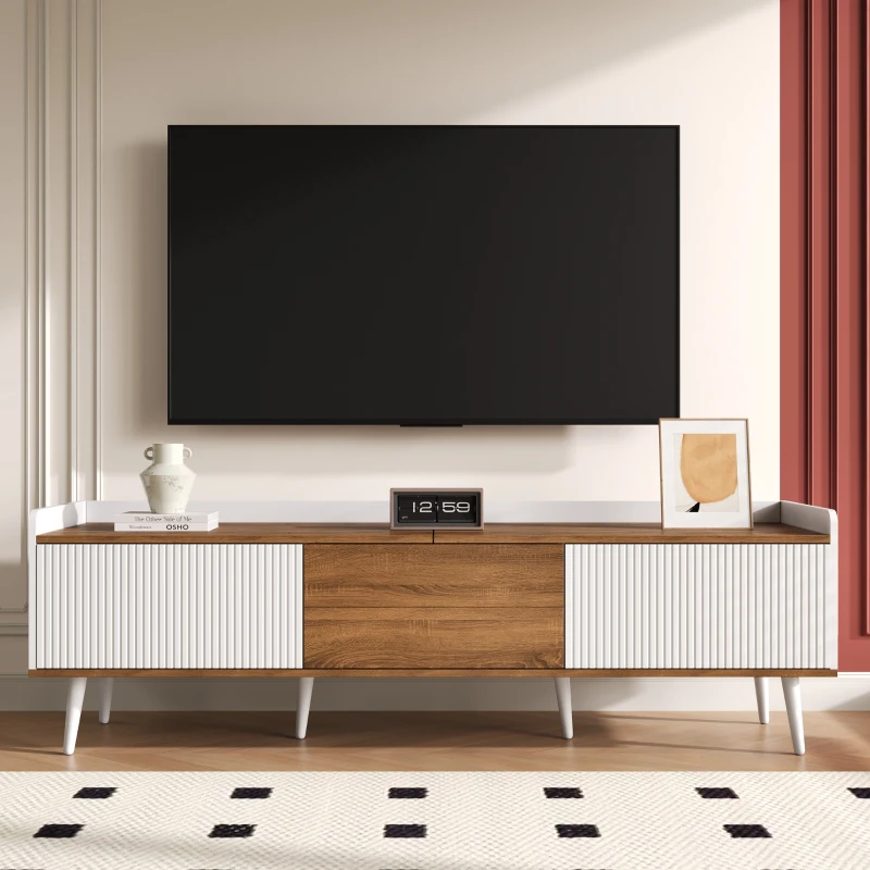 TV Stand with Three Doors and Sturdy Wooden Legs, Raised Edge for Safety, Easy to Install, 63" L x 15.5" W x 19.5" H, White+Natural