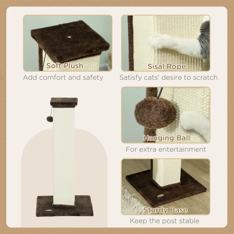 PawHut 32" Tall Cat Scratching Post for Indoor Cats and Kittens, Sisal Cat Scratcher with Hanging Ball Soft Plush, Brown