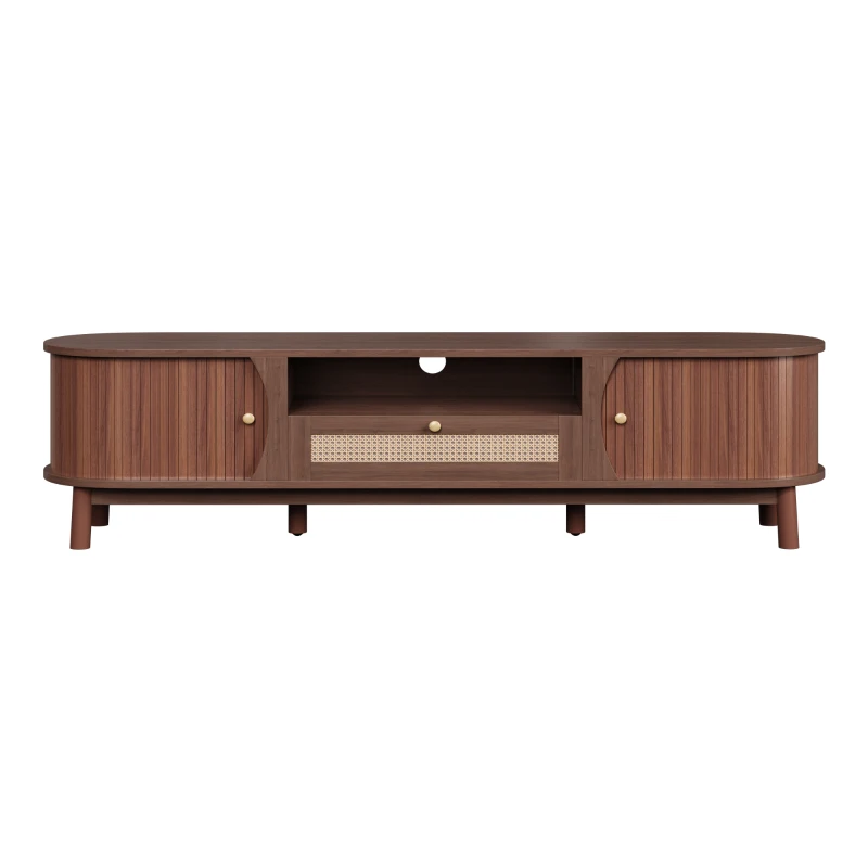 Rattan TV Stand with Solid Wood Doors and Drawers, Natural Country Style Storage Solution, Easy Installation, 65" L x 14.5" W x 18" H, Natural Walnut