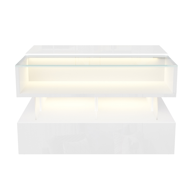 High-Gloss Coffee Table with Glass Top and LED Light, Storage Drawer and Adjustable Height, Easy to Install, 26" L x 21.5" W x 21.5" H, White