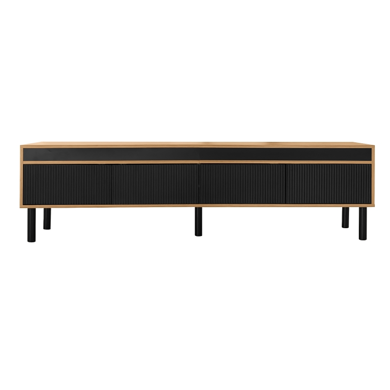 TV Stand with Elegant Stripe Design and Sturdy Wooden Legs, Three Doors, Practical and Easy Access, 67" L x 15" W x 18.5" H, Black+Natural