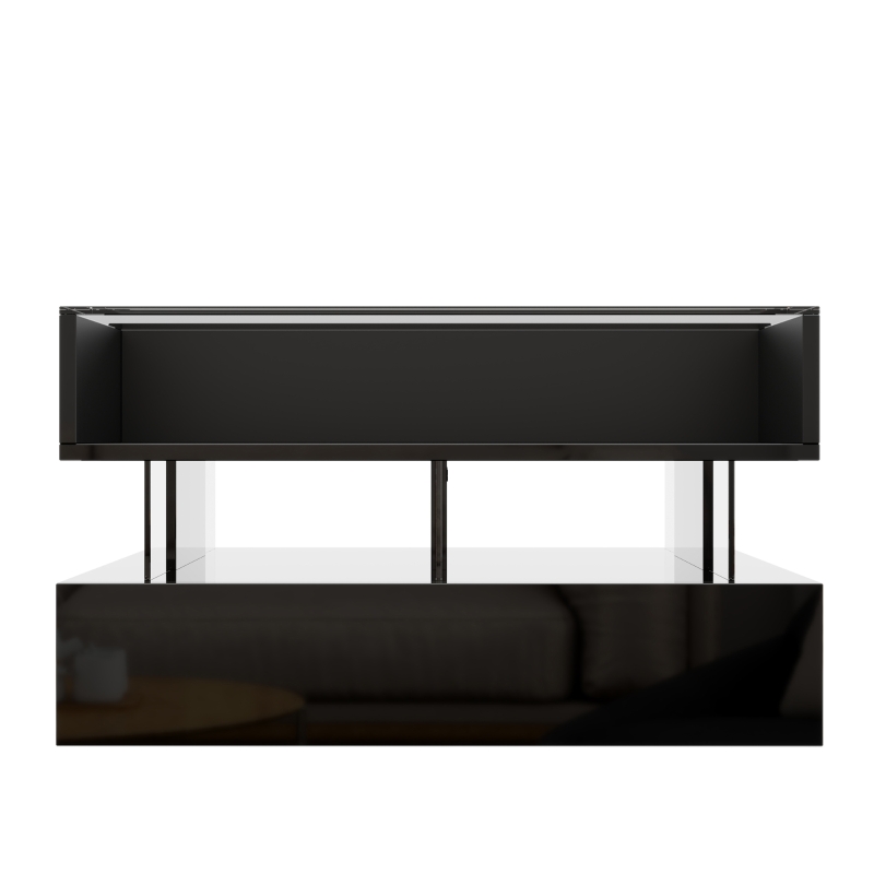 High-Gloss Coffee Table with Glass Top and LED Lighting, Storage Drawer and Adjustable Height, Easy to Install, 26" L x 21.5" W x 21.5" H, Black