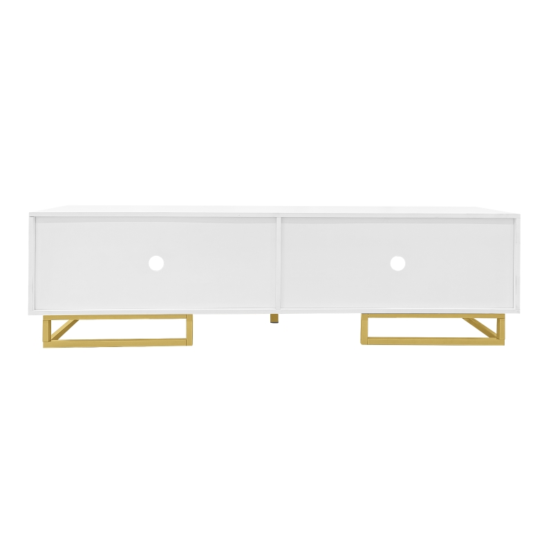 Modern TV Stand with Textured Doors, Gold Handles and Legs, Ample Storage Space, Easy to Install, 63" L x 15" W x 17.5" H, White