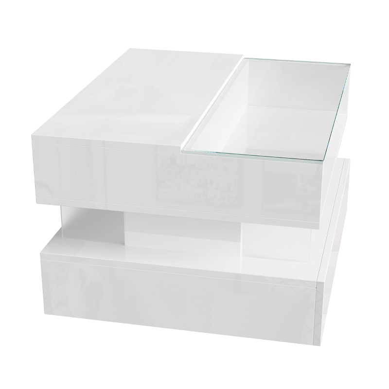 High-Gloss Coffee Table with Glass Top and LED Light, Storage Drawer and Adjustable Height, Easy to Install, 26" L x 21.5" W x 21.5" H, White