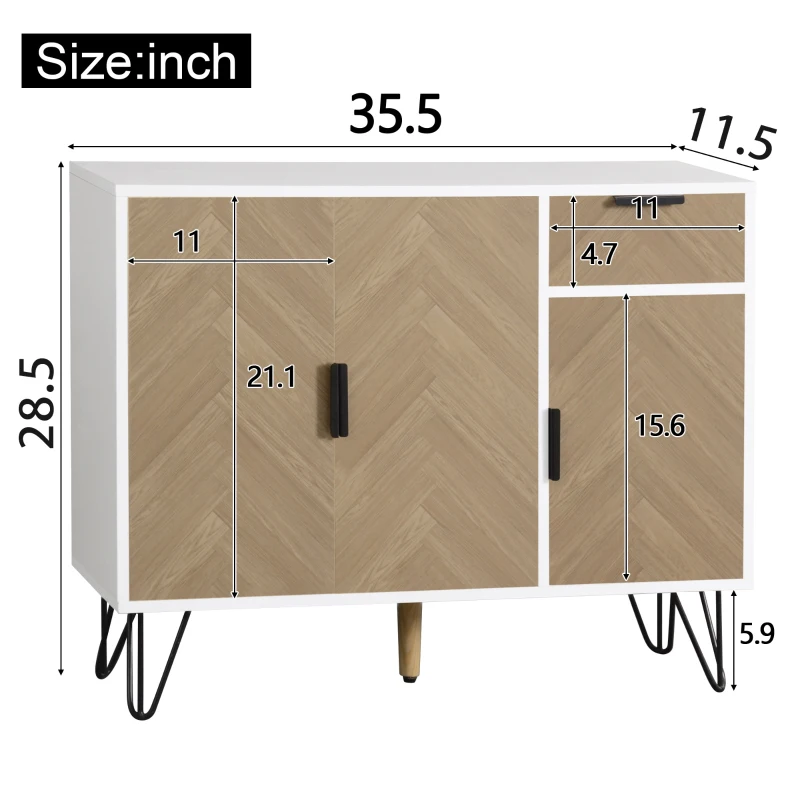 Modern Storage Cabinet with Drawer and Adjustable Shelves, Sideboard with Soft-Close Hinges, 35.5" L x 11.5" W x 28.5" H, White+Wood