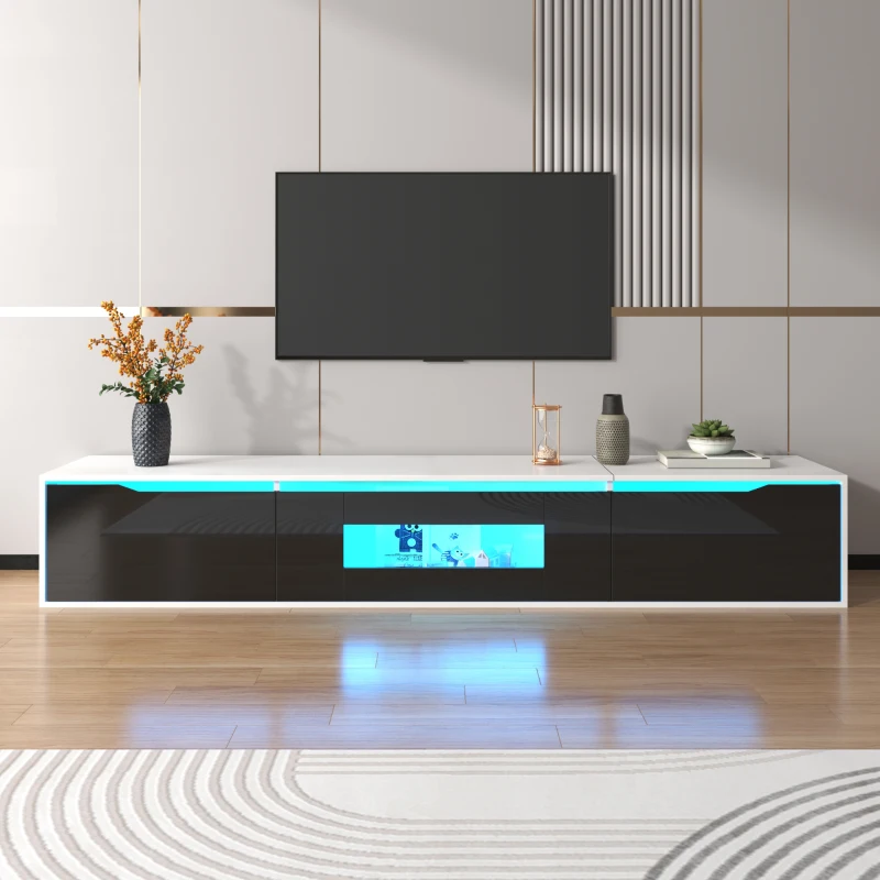 High-Gloss TV Stand with Colour-Changing LED Lighting and Versatile Mounting Options, Easy to Install, 71" L x 12" W x 12" H, Black+White