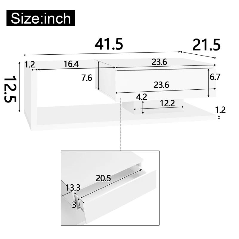 High-Gloss Coffee Table with Glass and LED Effect, Modern Design with Storage Compartment, Easy to Install, 41.5" L x 21.5" W x 12.5" H, White