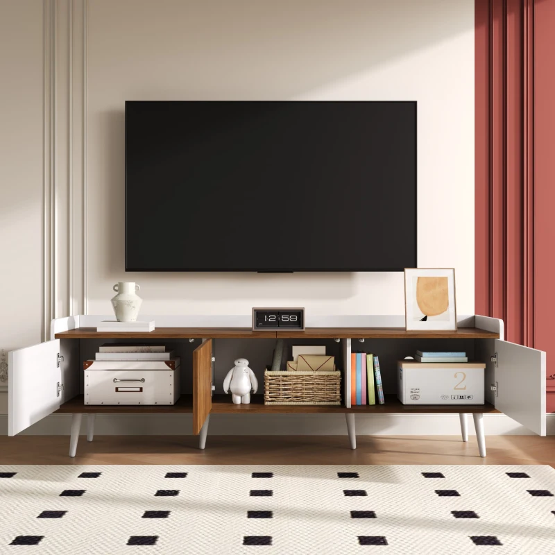 TV Stand with Three Doors and Sturdy Wooden Legs, Raised Edge for Safety, Easy to Install, 63" L x 15.5" W x 19.5" H, White+Natural