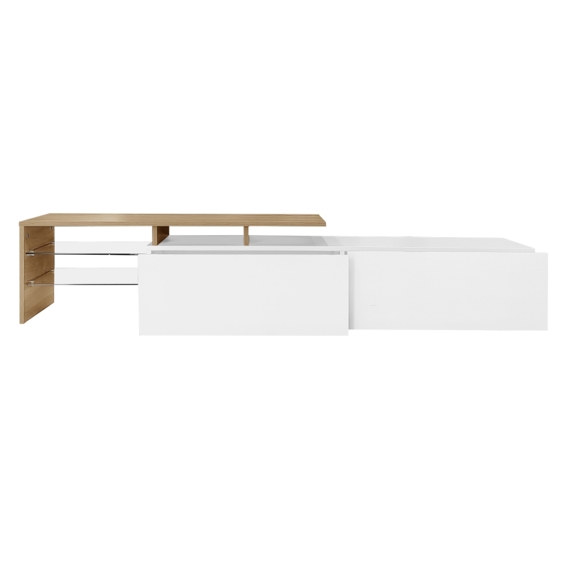 Modern TV Stand with Glass Shelves and LED Lighting, High-Gloss Finish, Smart Storage Solution, 67" L x 13" W x 13" H, White+Natural