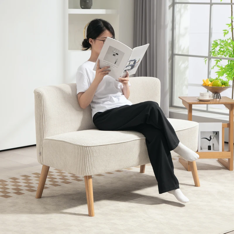 HOMCOM Modern 2 Seater Sofa, Upholstered Two Seater Couch with Rubber Wood Legs, Cream White