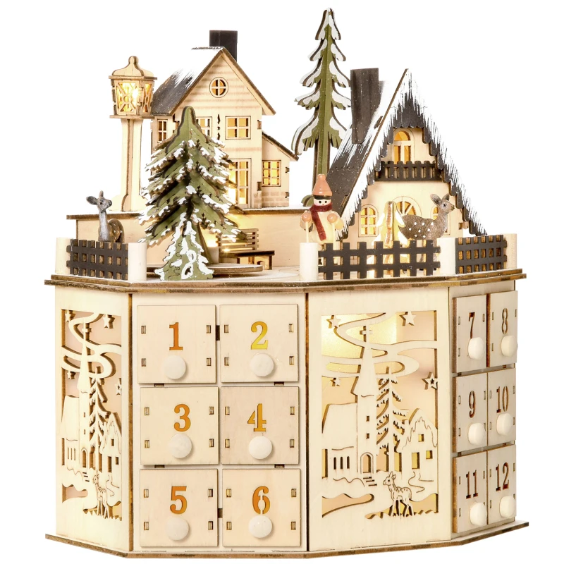 HOMCOM Wooden Christmas Advent Calendar, Lighted 24 Days Countdown to Christmas Table Decoration with Drawers for Kids and Adults, Battery Operated, Natural