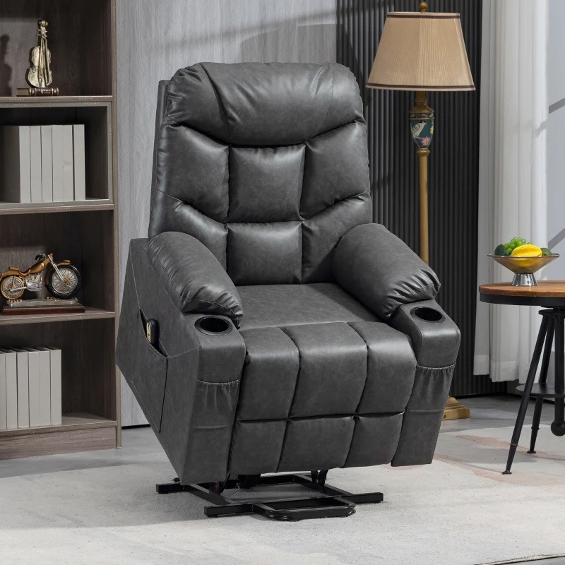 HOMCOM Lift Chair for Elderly, PU Leather Electric Recliner Chair with Quick Assembly, Remote, Cup Holders, Side Pockets, Grey