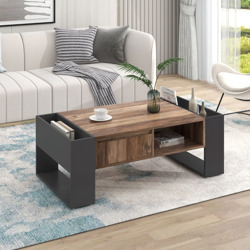 Wood Grain Coffee Table with Handleless Drawer, Double Storage Compartments, Easy Assembly, 43.5" L x 23.5" W x 15.5" H, Grey+Wood