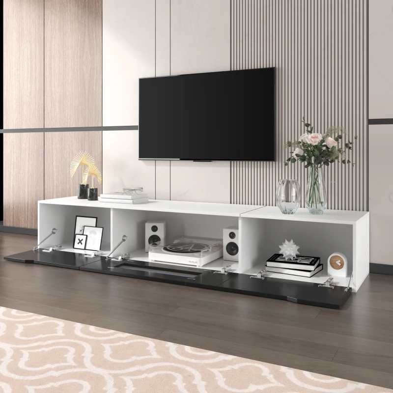 High-Gloss TV Stand with Colour-Changing LED Lighting and Versatile Mounting Options, Easy to Install, 71" L x 12" W x 12" H, Black+White