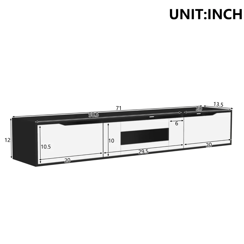 High-Gloss TV Stand with Customizable LED Lighting and Versatile Mounting Options, Modern Design, 71" L x 12" W x 12" H, Black+White