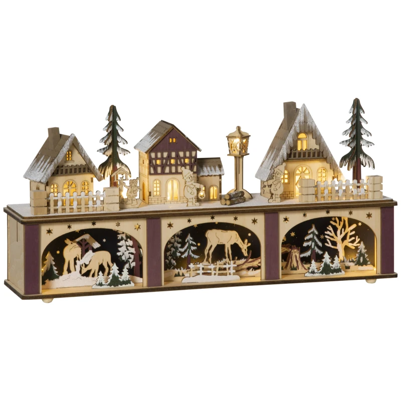 HOMCOM Christmas Village House Decoration, Pre-lit Winter Wonderland with 15 Battery Operated LED Lights, Indoor Room Decor Collection