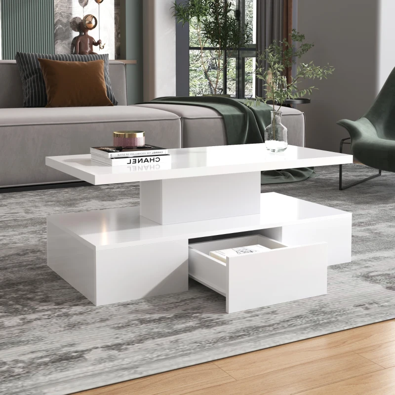 Modern High-Gloss Coffee Table with Hidden Drawer, Particle Board Construction, Modern Design, Easy to Install, 39.5" L x 19.5" W x 15.5" H, White