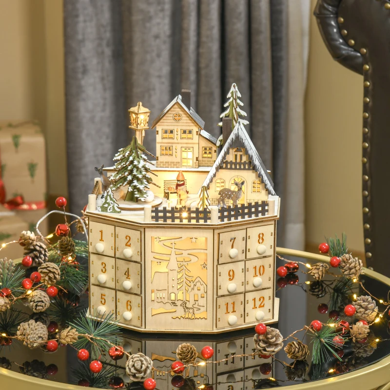 HOMCOM Wooden Christmas Advent Calendar, Lighted 24 Days Countdown to Christmas Table Decoration with Drawers for Kids and Adults, Battery Operated, Natural