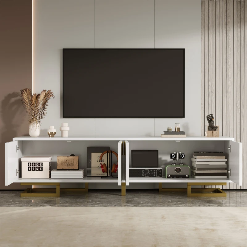 Modern TV Stand with Textured Doors, Gold Handles and Legs, Ample Storage Space, Easy to Install, 63" L x 15" W x 17.5" H, White