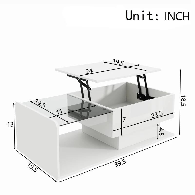 High-Gloss Coffee Table with Adjustable Height and LED Light Strip, Tempered Glass Top, Easy to Install, 39.5" L x 19.5" W x 13" H, White