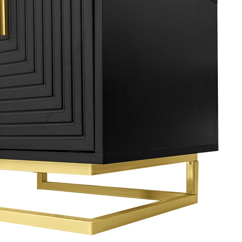 Modern TV Stand with Textured Doors, Gold Handles and Legs, Ample Storage Space, Easy to Install, 63" L x 15" W x 17.5" H, Black