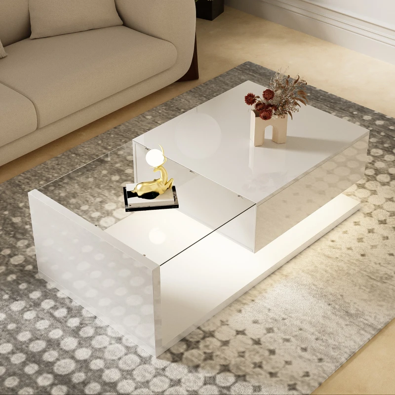 High-Gloss Coffee Table with Glass and LED Effect, Modern Design with Storage Compartment, Easy to Install, 41.5" L x 21.5" W x 12.5" H, White