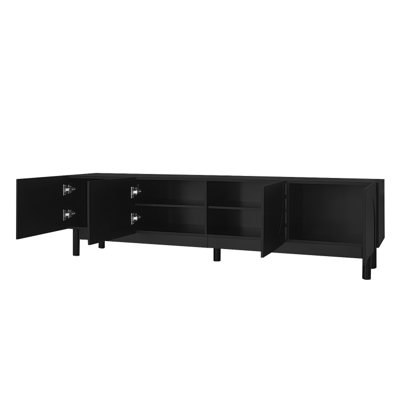 Modern TV Stand with Wave Shaped Doors, Ample Storage and Sturdy Legs, Functional Design, Easy to Install, 66.5" L x 13.5" W x 18" H, Black
