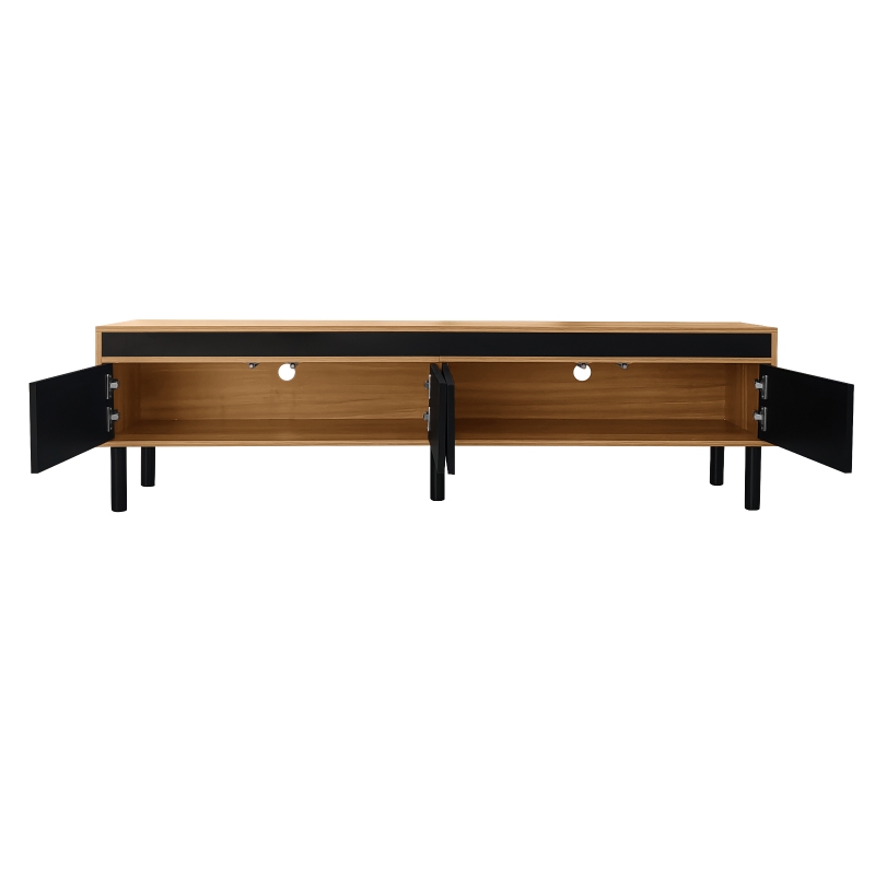 TV Stand with Elegant Stripe Design and Sturdy Wooden Legs, Three Doors, Practical and Easy Access, 67" L x 15" W x 18.5" H, Black+Natural