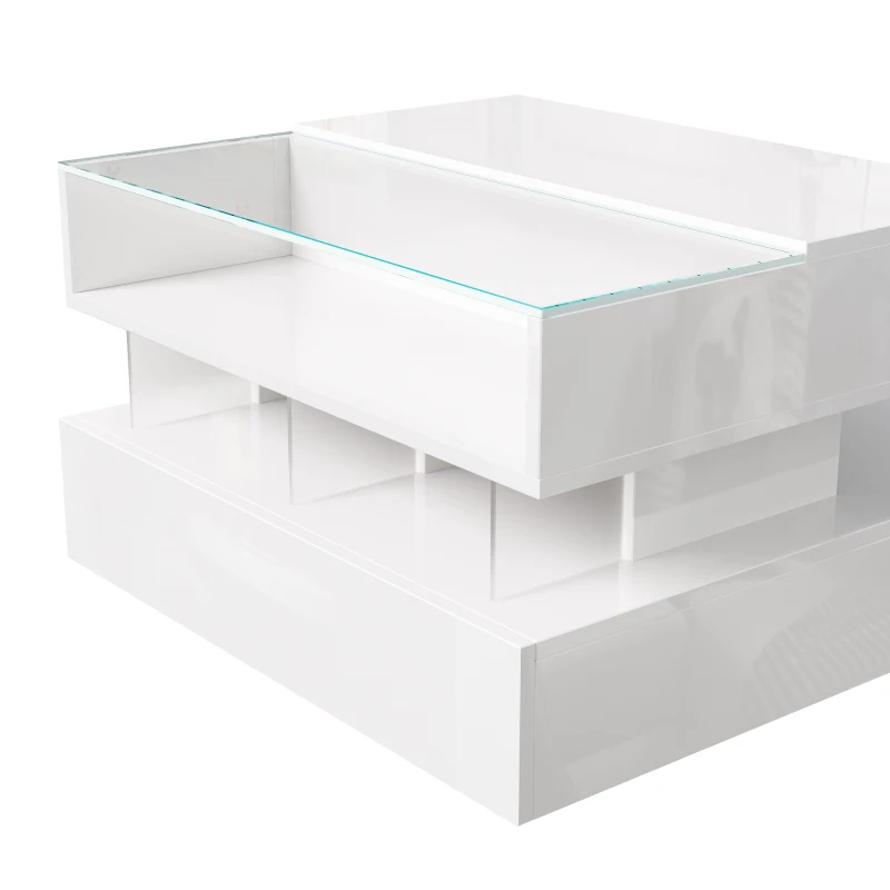 High-Gloss Coffee Table with Glass Top and LED Light, Storage Drawer and Adjustable Height, Easy to Install, 26" L x 21.5" W x 21.5" H, White