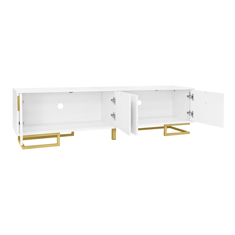 Modern TV Stand with Textured Doors, Gold Handles and Legs, Ample Storage Space, Easy to Install, 63" L x 15" W x 17.5" H, White