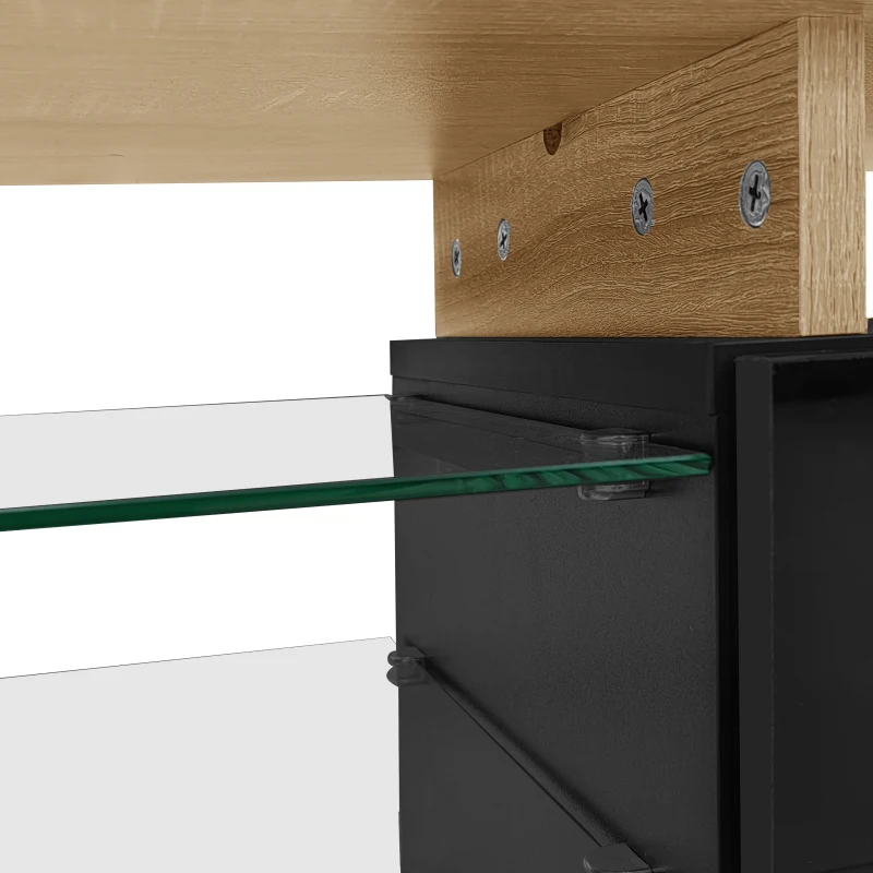 Modern TV Cabinet with Glass Shelves and LED Lighting, Stylish Storage Solution, Modern and Stylish Design, 67" L x 13" W x 13" H, Black+Natural