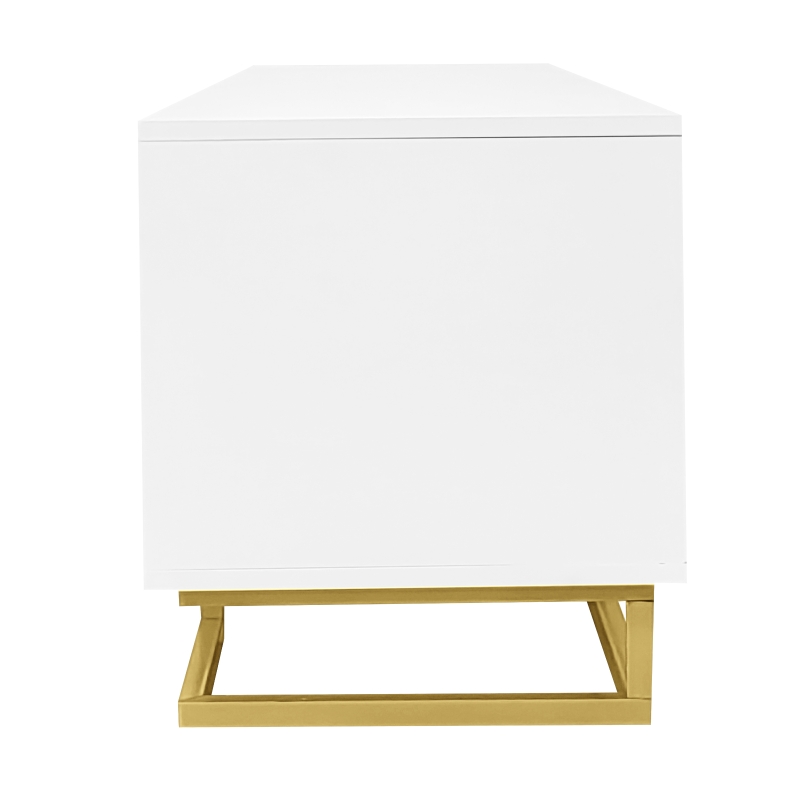 Modern TV Stand with Textured Doors, Gold Handles and Legs, Ample Storage Space, Easy to Install, 63" L x 15" W x 17.5" H, White