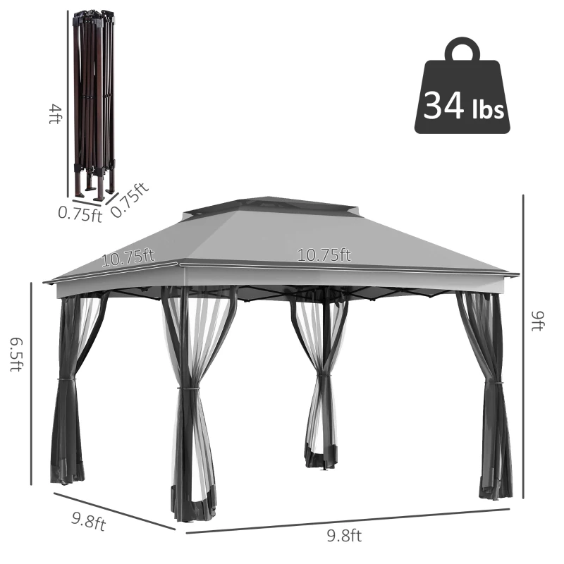 Outsunny 11x11 Canopy Gazebo, Portable Outdoor Patio Shelter with Zipper Mesh Privacy Netting, Carry Bag Included, for Family Use, Light Gray