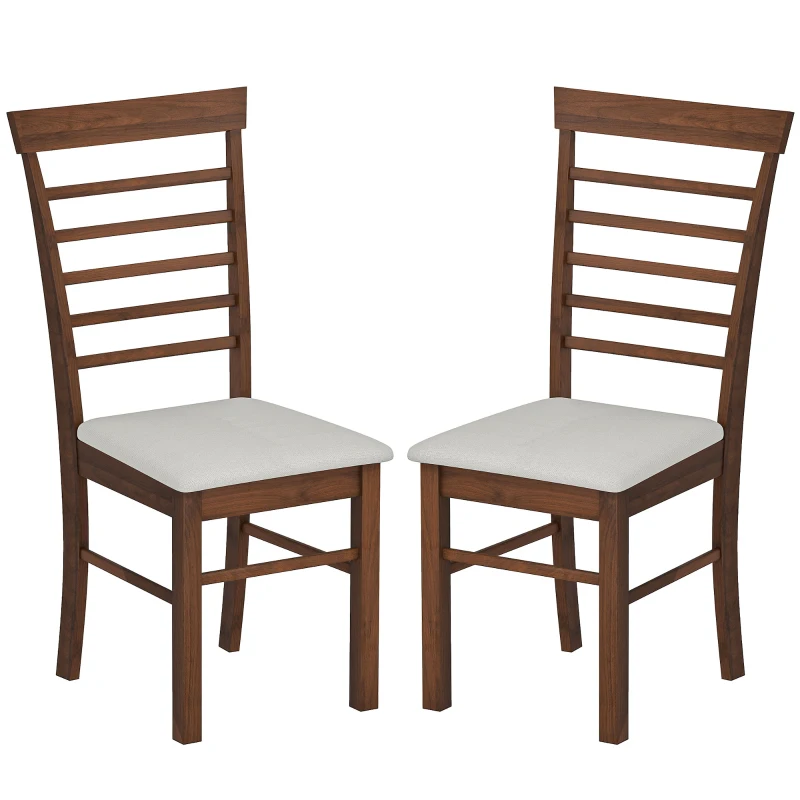 HOMCOM Wooden Dining Chairs Set of 2, Farmhouse Upholstered Kitchen Chairs with Rubber Wood Frame, Dark Brown and Beige