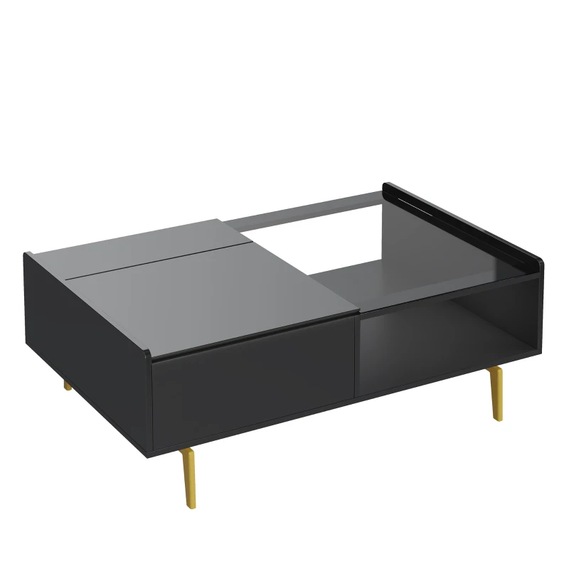 High-Gloss Coffee Table with LED Lighting and Glass Top, Adjustable Heigh, Storage Compartments, Easy to Install, 43.5" L x 21.5" W x 15.5" H, Black