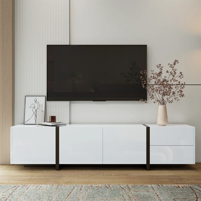 Modern TV Cabinet with High Gloss Finish, Ample Storage with Drawers and Cabinets, Easy Installation, 67" L x 11.5" W x 11.5" H, White