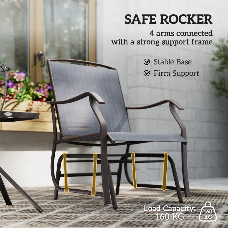 Outsunny 3 Piece Outdoor Glider Chair with Coffee Table Bistro Set, 2 Patio Rocking Swing Chairs with Breathable Sling Fabric, Glass Tabletop, for Backyard, Garden and Porch, Gray