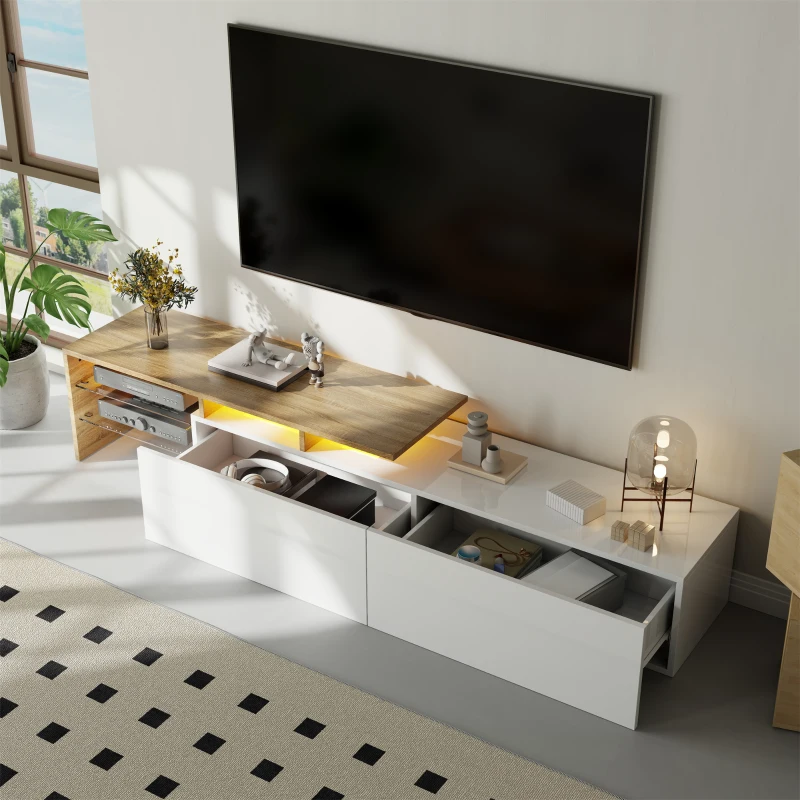 Modern TV Stand with Glass Shelves and LED Lighting, High-Gloss Finish, Smart Storage Solution, 67" L x 13" W x 13" H, White+Natural