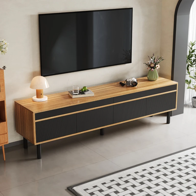 TV Stand with Elegant Stripe Design and Sturdy Wooden Legs, Three Doors, Practical and Easy Access, 67" L x 15" W x 18.5" H, Black+Natural